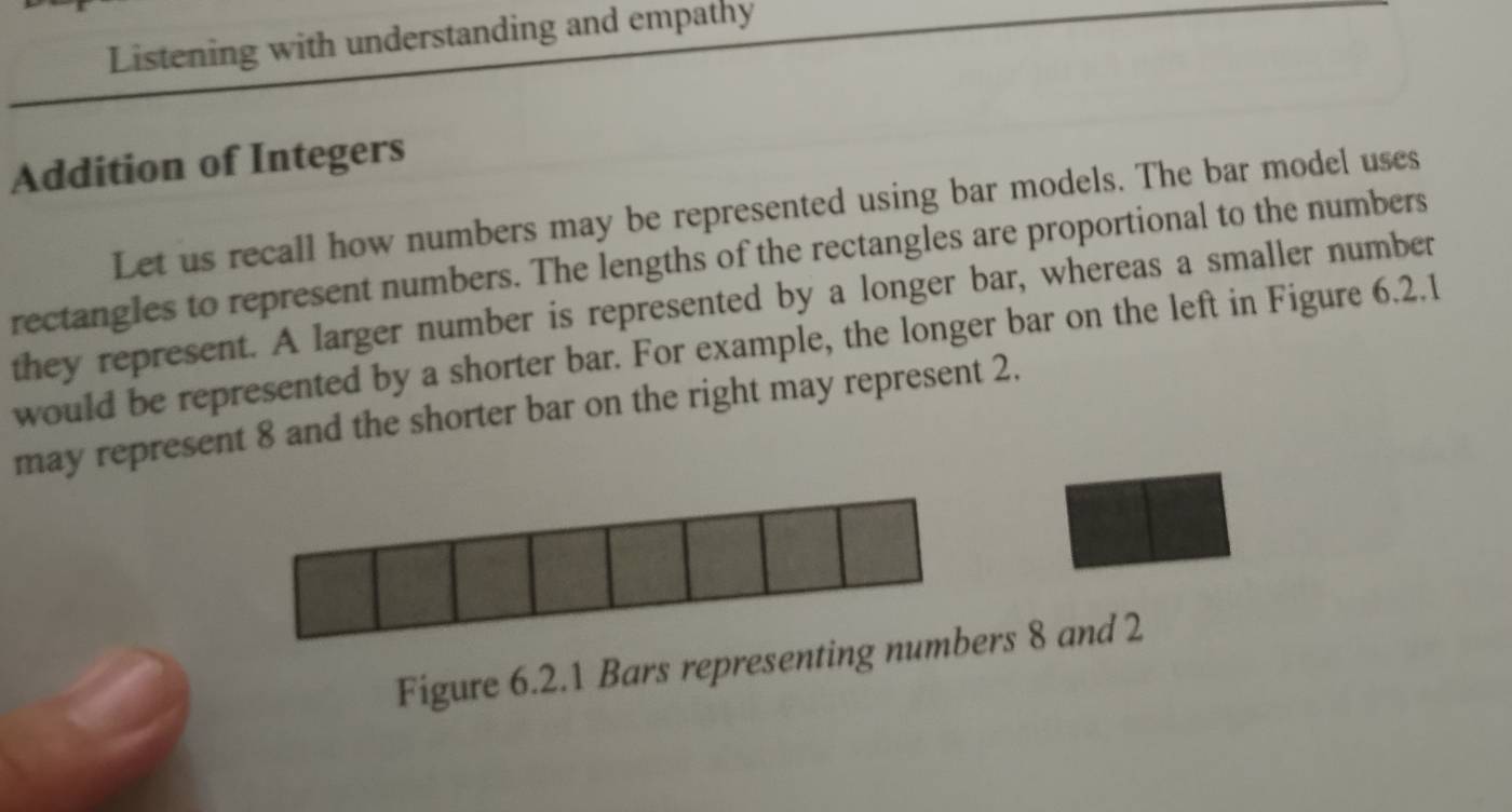 Listening with understanding and empathy 
Addition of Integers 
Let us recall how numbers may be represented using bar models. The bar model uses 
rectangles to represent numbers. The lengths of the rectangles are proportional to the numbers 
they represent. A larger number is represented by a longer bar, whereas a smaller number 
would be represented by a shorter bar. For example, the longer bar on the left in Figure 6.2.1 
may represent 8 and the shorter bar on the right may represent 2. 
Figure 6.2.1 Bars representrs 8 and 2