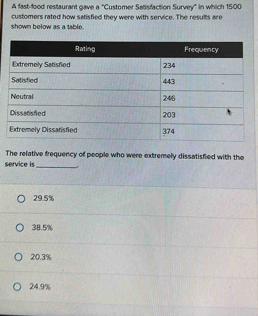 A fast-food restaurant gave a “Customer Satisfaction Survey” in which 1500
customers rated how satisfied they were with service. The results are
shown below as a table.
The relative frequency of people who were extremely dissatisfied with the
service is_
`
29.5%
38.5%
20.3%
24.9%