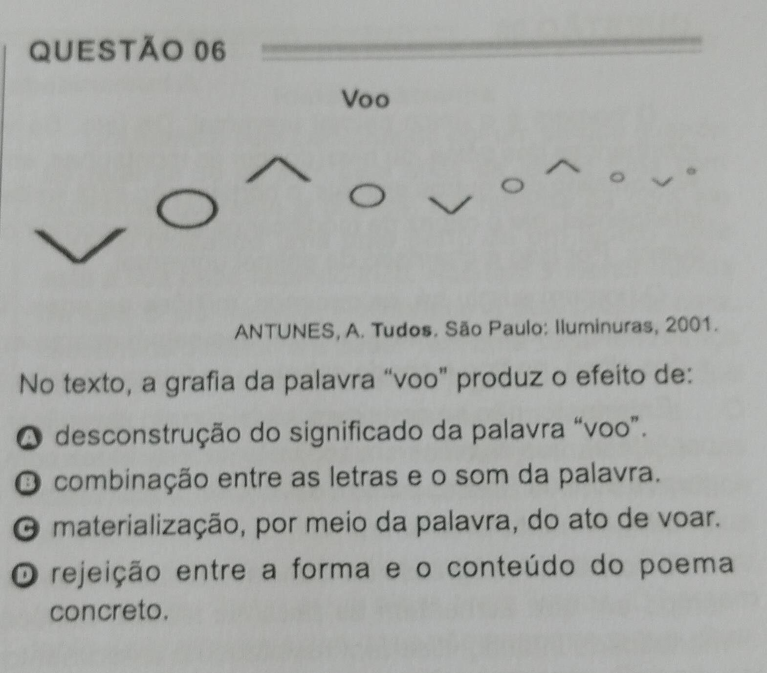 Voo
ANTUNES, A. Tudos. São Paulo: Iluminuras, 2001.
No texto, a grafia da palavra “voo” produz o efeito de:
O desconstrução do significado da palavra “voo”.
O combinação entre as letras e o som da palavra.
O materialização, por meio da palavra, do ato de voar.
O rejeição entre a forma e o conteúdo do poema
concreto.