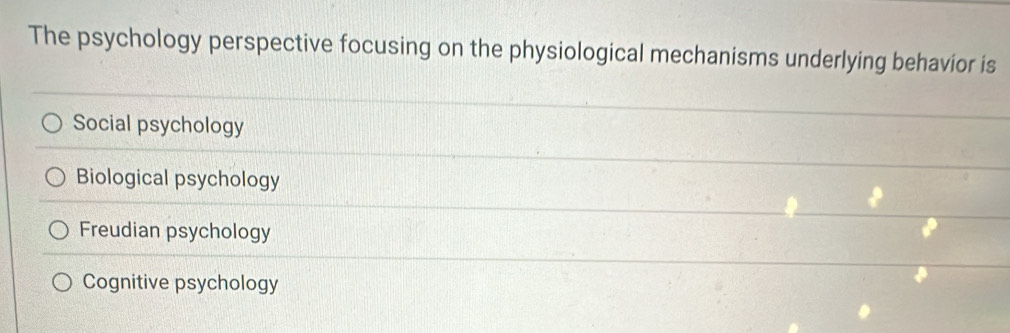 The psychology perspective focusing on the physiological mechanisms underlying behavior is
Social psychology
Biological psychology
Freudian psychology
Cognitive psychology