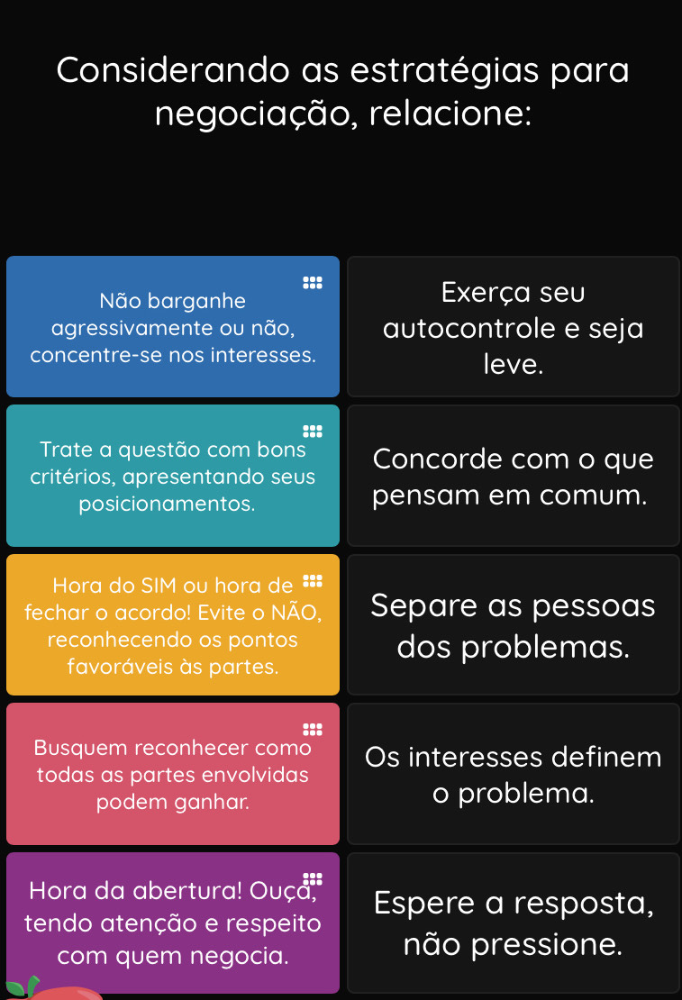 Considerando as estratégias para 
negociação, relacione: 
::: 
Não barganhe 
Exerça seu 
agressivamente ou não, autocontrole e seja 
concentre-se nos interesses. 
leve. 
::: 
Trate a questão com bons 
critérios, apresentando seus Concorde com o que 
posicionamentos. pensam em comum. 
Hora do SIM ou hora de === 
fechar o acordo! Evite o NÃO, Separe as pessoas 
reconhecendo os pontos dos problemas. 
favoráveis às partes. 
::: 
Busquem reconhecer como Os interesses definem 
todas as partes envolvidas 
podem ganhar. 
o problema. 
Hora da abertura! Ouça'" Espere a resposta, 
tendo atenção e respeito 
com quem negocia. 
não pressione.