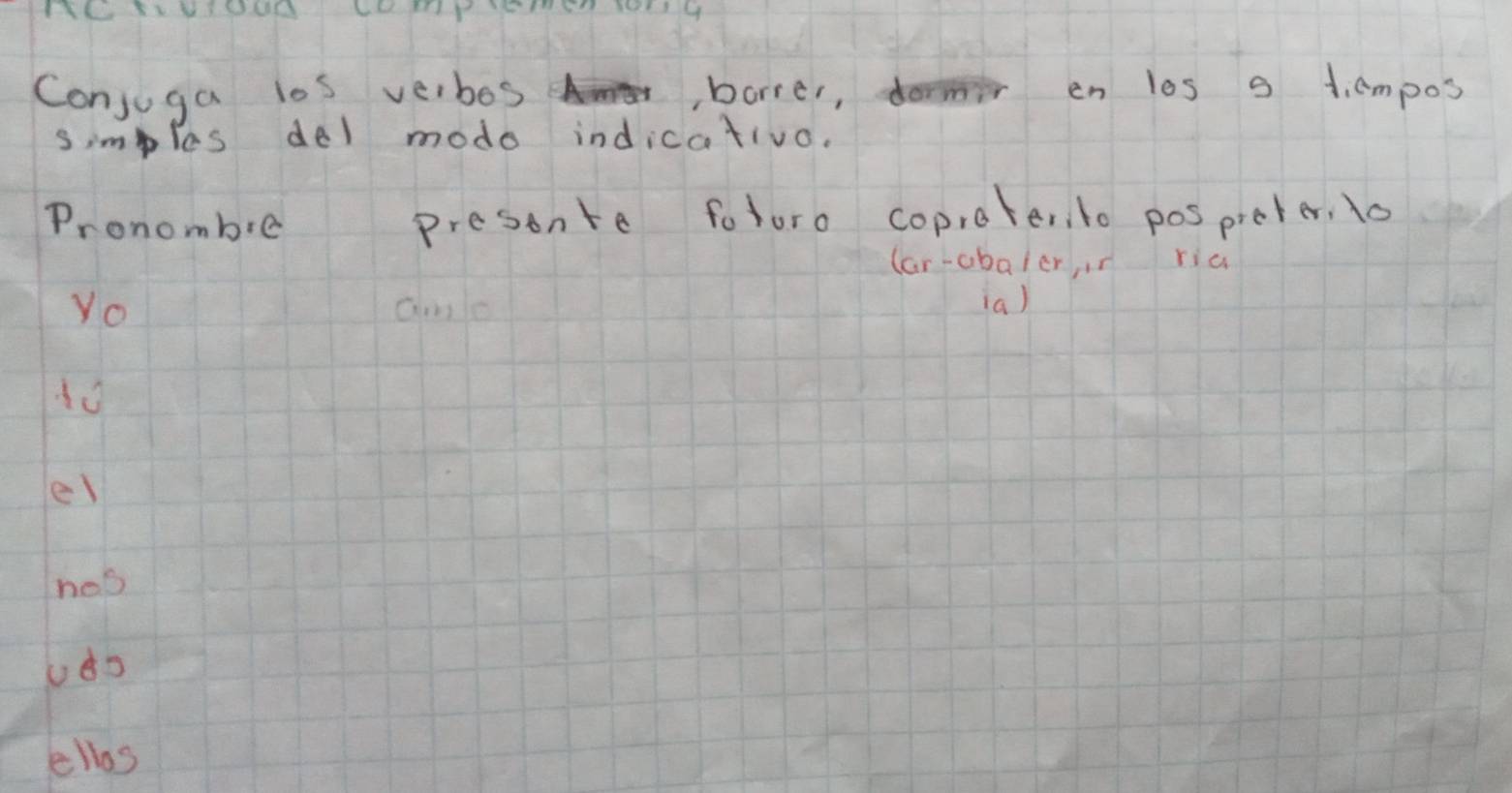 Conjuga los verbos Amr ,borrer, dormir en les 9 tiampos 
simples del modo indicativo. 
Pronombre presonte fotoro coprater, lo pospreter. 1o 
(ar-abaler, ir ria 
Yo amle 
(a) 
do 
ell 
hos 
08o 
ellas