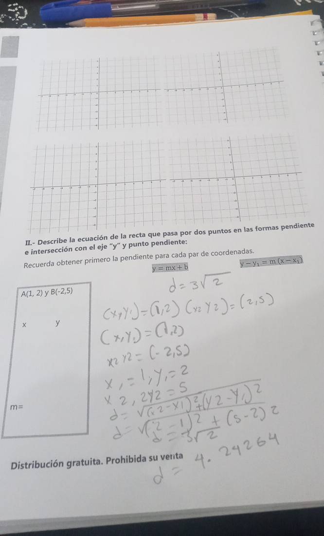 II.- Describe la ecuación de la recta qusa por dos puntos en las formas 
e intersección con el eje “ y ” y punto pendiente: 
Recuerda obtener primero la pendiente para cada par de coordenadas.
y=mx+b
y-y_1=m(x-x_1)
A(1,2) y B(-2,5)
x y
m=
Distribución gratuita. Prohibida su venta