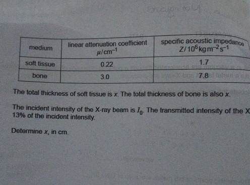 The total thickness of soft tissue is x. The total thickness of bone is also x.
The incident intensity of the X-ray beam is I_0. The transmitted intensity of the X
13% of the incident intensity.
Determine x, in cm.