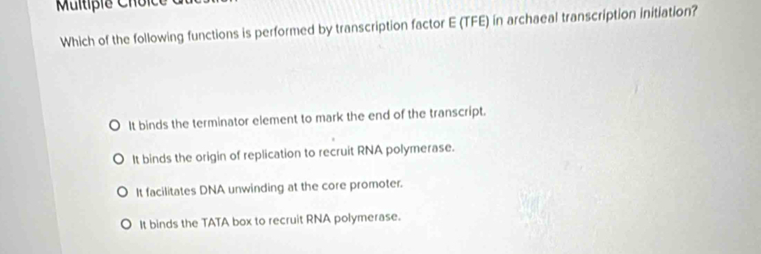 Multipie Choic
Which of the following functions is performed by transcription factor E (TFE) in archaeal transcription initiation?
It binds the terminator element to mark the end of the transcript.
It binds the origin of replication to recruit RNA polymerase.
It facilitates DNA unwinding at the core promoter.
It binds the TATA box to recruit RNA polymerase.