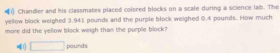 Chandler and his classmates placed colored blocks on a scale during a science lab. The
yellow block weighed 3.941 pounds and the purple block weighed 0.4 pounds. How much
more did the yellow block weigh than the purple block?
D □ pounds