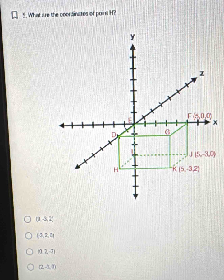 What are the coordinates of point H?
(0,-3,2)
(-3,2,0)
(0,2,-3)
(2,-3,0)