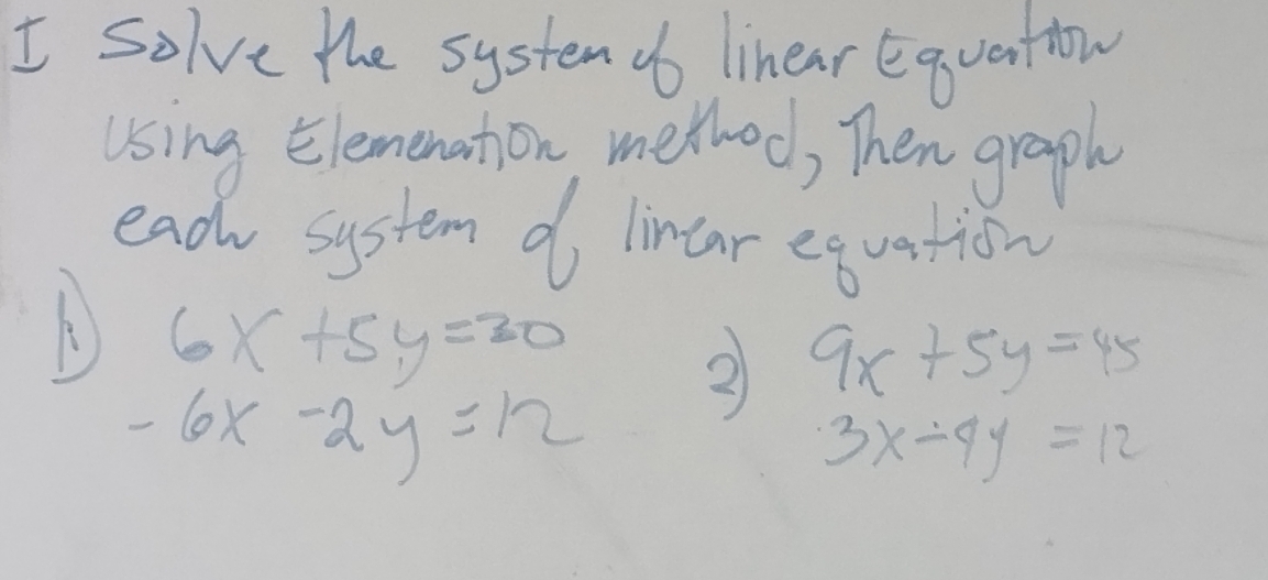 solve the system db linear equention 
using Elemenation method, Then graph 
ead system d linear equation
6x+5y=30
2 9x+5y=45
-6x-2y=12
3x-4y=12