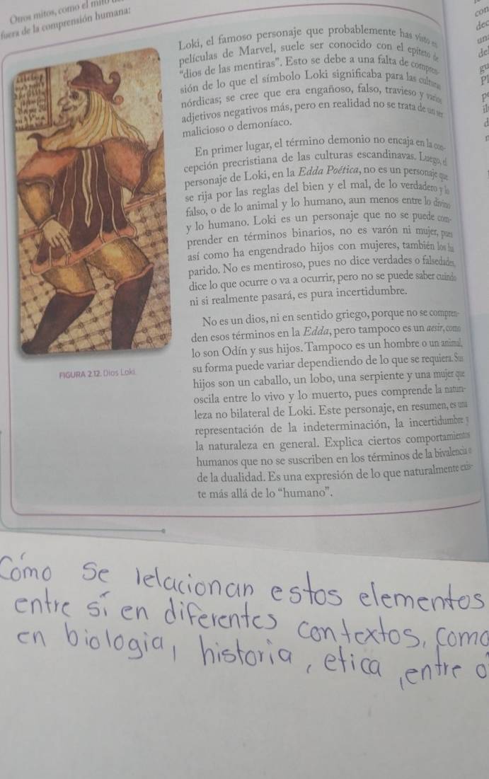 Otros mitos, como el mi  
fuera de la comprensión humana:
con
dec
Loki, el famoso personaje que probablemente has visto e an
películas de Marvel, suele ser conocido con el epiteto d de
'dios de las mentiras''. Esto se debe a una falta de compres gu
sión de lo que el símbolo Loki significaba para las cultura P
nórdicas; se cree que era engañoso, falso, travieso y varo p
adjetivos negativos más, pero en realidad no se trata de un ser a
malicioso o demoníaco.
d
En primer lugar, el término demonio no encaja en la c
cepción precristiana de las culturas escandinavas. Luego, e
personaje de Loki, en la Edda Poética, no es un personaje que
se rija por las reglas del bien y el mal, de lo verdadero y 
falso, o de lo animal y lo humano, aun menos entre lo divin
y lo humano. Loki es un personaje que no se puede com
prender en términos binarios, no es varón ni mujer, pass
así como ha engendrado hijos con mujeres, también los h
parido. No es mentiroso, pues no dice verdades o falsedades
dice lo que ocurre o va a ocurrir, pero no se puede saber cainds
ni si realmente pasará, es pura incertidumbre.
No es un dios, ni en sentido griego, porque no se compren-
den esos términos en la Edda, pero tampoco es un aesir, como
lo son Odín y sus hijos. Tampoco es un hombre o un animal,
FIGURA 2.12. Dics Laki. su forma puede variar dependiendo de lo que se requiera. S 
hijos son un caballo, un lobo, una serpiente y una mujer que
oscila entre lo vivo y lo muerto, pues comprende la natun-
leza no bilateral de Loki. Este personaje, en resumen, es una
representación de la indeterminación, la incertidumber y
la naturaleza en general. Explica ciertos comportamients
humanos que no se suscriben en los términos de la bivalencia 
de la dualidad. Es una expresión de lo que naturalmente cás
te más allá de lo “humano”.