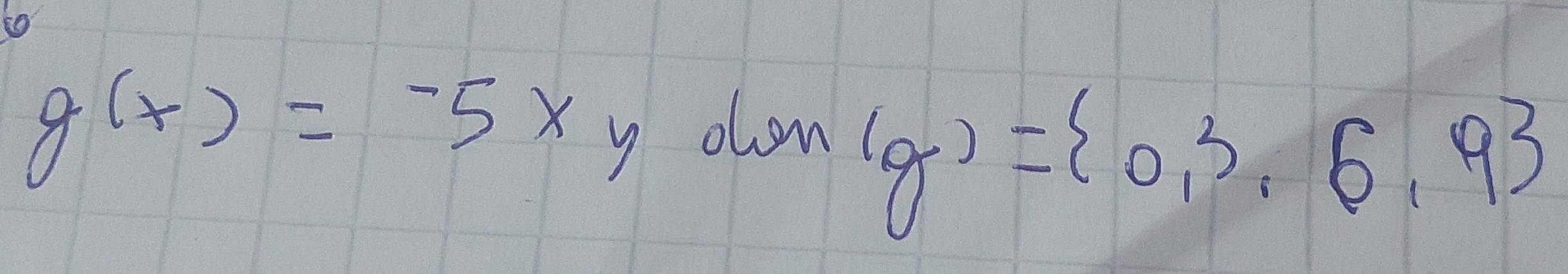 so
g(x)=-5xyolon(g)= 0,3,6,9