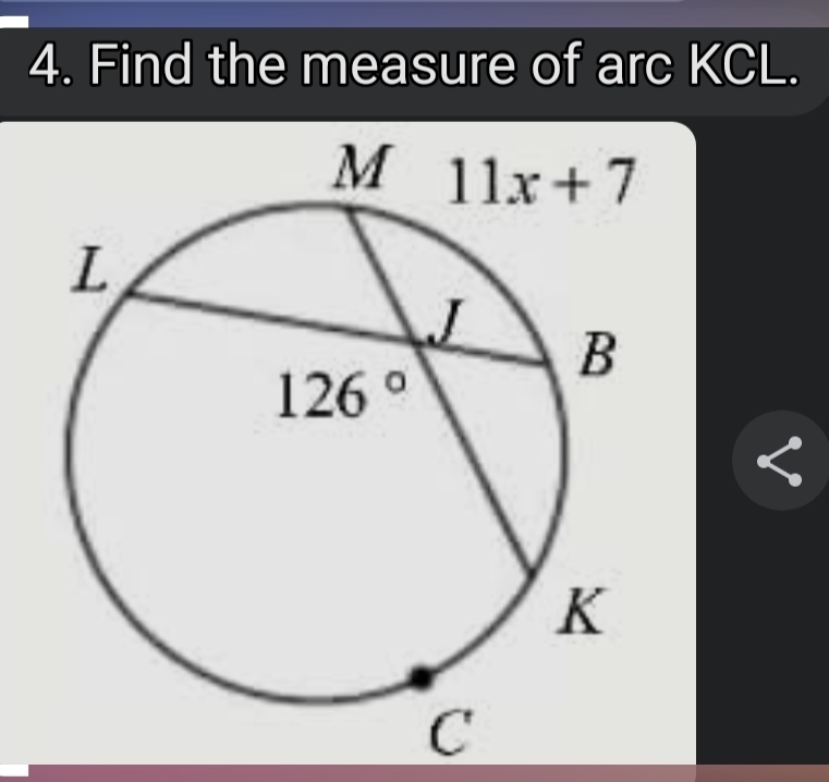 Solved: Find the measure of arc KCL. [Math]