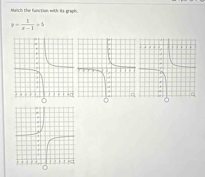 Match the function with its graph.
y= 1/x-1 +5