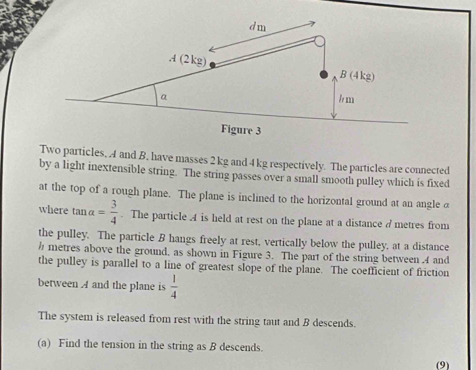 Two particles, A and B. have masses 2 kg and 4 kg respectively. The particles are connected 
by a light inextensible string. The string passes over a small smooth pulley which is fixed 
at the top of a rough plane. The plane is inclined to the horizontal ground at an angle a
where tan a= 3/4 . The particle . 4 is held at rest on the plane at a distance d metres from 
the pulley. The particle B hangs freely at rest, vertically below the pulley, at a distance
h metres above the ground. as shown in Figure 3. The part of the string between 4 and 
the pulley is parallel to a line of greatest slope of the plane. The coefficient of friction 
between A and the plane is  1/4 
The system is released from rest with the string taut and B descends. 
(a) Find the tension in the string as B descends. 
(9)