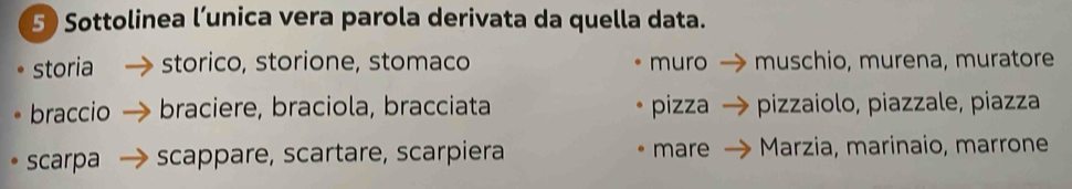 Sottolinea l’unica vera parola derivata da quella data.
storia storico, storione, stomaco muro muschio, murena, muratore
braccio braciere, braciola, bracciata pizza pizzaiolo, piazzale, piazza
scarpa scappare, scartare, scarpiera mare Marzia, marinaio, marrone