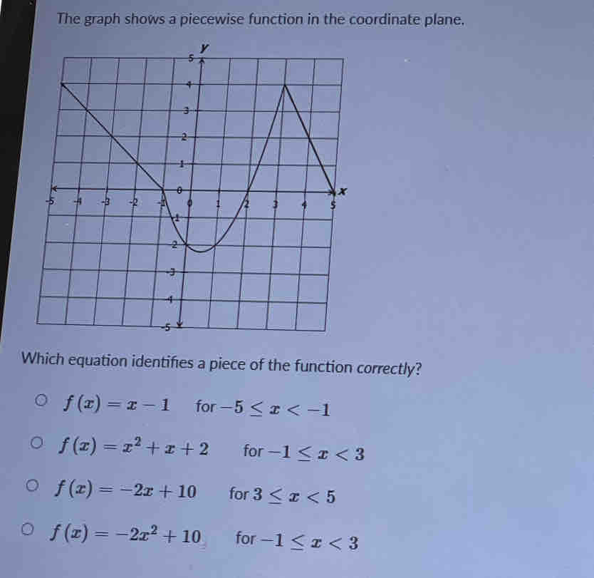 The graph shows a piecewise function in the coordinate plane.
Which equation identifies a piece of the function correctly?
f(x)=x-1 for -5≤ x
f(x)=x^2+x+2 for -1≤ x<3</tex>
f(x)=-2x+10 for 3≤ x<5</tex>
f(x)=-2x^2+10 for -1≤ x<3</tex>