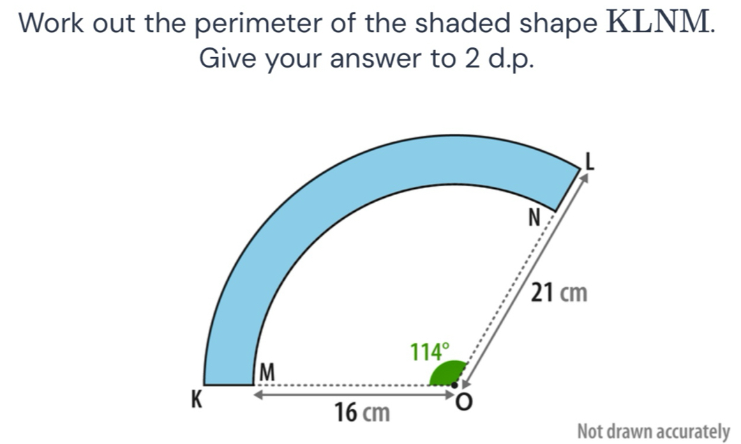 Work out the perimeter of the shaded shape KLNM.
Give your answer to 2 d.p.
Not drawn accurately