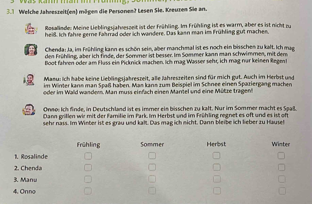 Vas Ramh man m rram 
3.1 Welche Jahreszeit(en) mögen die Personen? Lesen Sie. Kreuzen Sie an. 
Rosalinde: Meine Lieblingsjahreszeit ist der Frühling. Im Frühling ist es warm, aber es ist nicht zu 
heiß. Ich fahre gerne Fahrrad oder ich wandere. Das kann man im Frühling gut machen. 
a Chenda: Ja, im Frühling kann es schön sein, aber manchmal ist es noch ein bisschen zu kalt. Ich mag 
den Frühling, aber ich finde, der Sommer ist besser. Im Sommer kann man schwimmen, mit dem 
Boot fahren oder am Fluss ein Picknick machen. Ich mag Wasser sehr, ich mag nur keinen Regen! 
Manu: Ich habe keine Lieblingsjahreszeit, alle Jahreszeiten sind für mich gut. Auch im Herbst und 
im Winter kann man Spaß haben. Man kann zum Beispiel im Schnee einen Spaziergang machen 
oder im Wald wandern. Man muss einfach einen Mantel und eine Mütze tragen! 
Onno: Ich finde, in Deutschland ist es immer ein bisschen zu kalt. Nur im Sommer macht es Spaß. 
Dann grillen wir mit der Familie im Park. Im Herbst und im Frühling regnet es oft und es ist oft 
sehr nass. Im Winter ist es grau und kalt. Das mag ich nicht. Dann bleibe ich lieber zu Hause! 
Frühling Sommer Herbst Winter 
1. Rosalinde 
2. Chenda 
3. Manu 
4. Onno