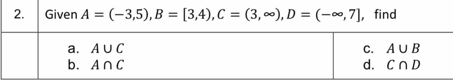 Given A=(-3,5),B=[3,4),C=(3,∈fty ),D=(-∈fty ,7] ， find