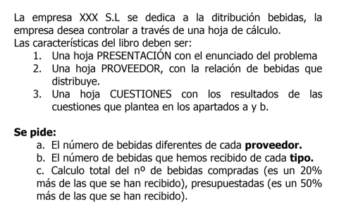 La empresa XXX S.L se dedica a la ditribución bebidas, la 
empresa desea controlar a través de una hoja de cálculo. 
Las características del libro deben ser: 
1. Una hoja PRESENTACIÓN con el enunciado del problema 
2. Una hoja PROVEEDOR, con la relación de bebidas que 
distribuye. 
3. Una hoja CUESTIONES con los resultados de las 
cuestiones que plantea en los apartados a y b. 
Se pide: 
a. El número de bebidas diferentes de cada proveedor. 
b. El número de bebidas que hemos recibido de cada tipo. 
c. Calculo total del n^0 de bebidas compradas (es un 20%
más de las que se han recibido), presupuestadas (es un 50%
más de las que se han recibido).