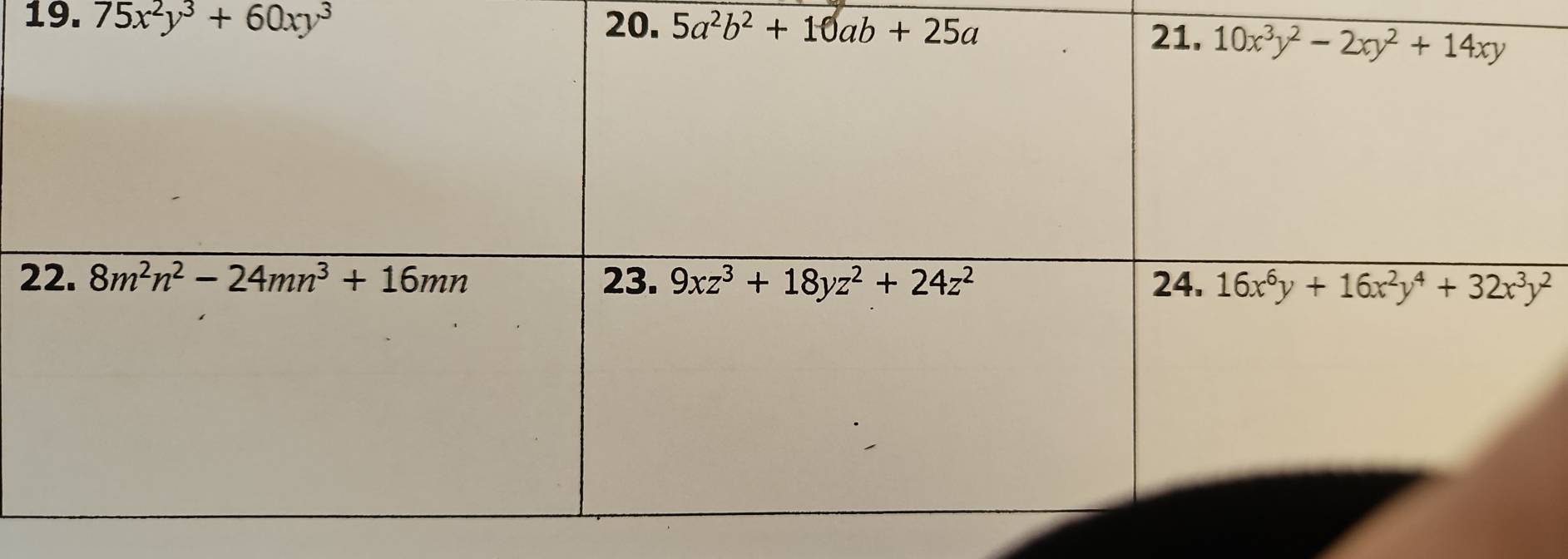 75x^2y^3+60xy^3 20. 5a^2b^2+10ab+25a
2