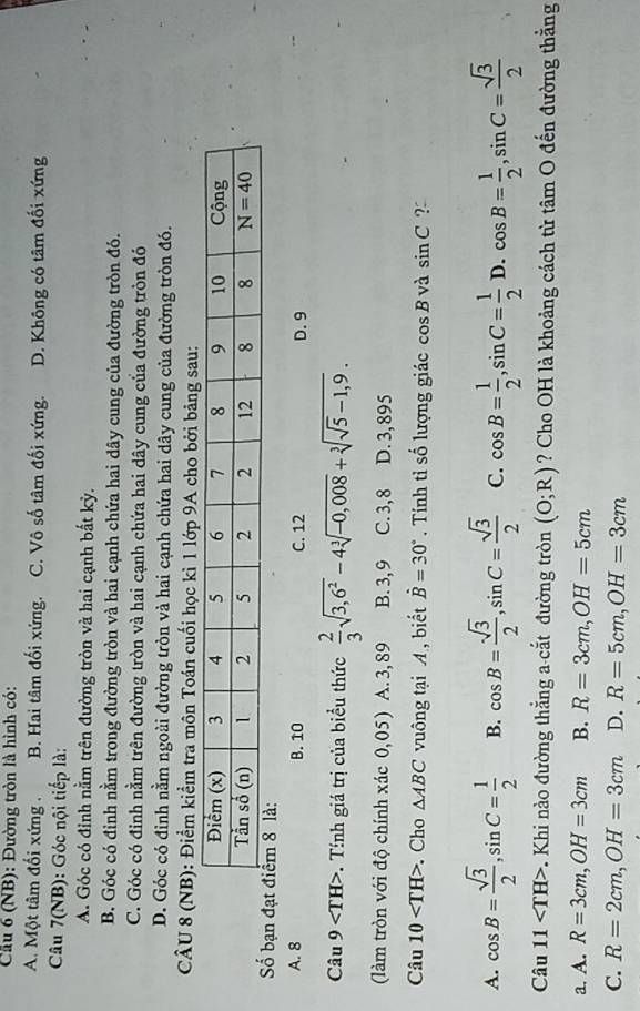 Cầu 6 (NB): Đường tròn là hình có:
A. Một tâm đối xứng . B. Hai tâm đối xứng. C. Vô số tâm đối xứng. D. Không có tâm đối xứng
Câu 7(NB): Góc nội tiếp là:
A. Góc có đỉnh nằm trên đường tròn và hai cạnh bất kỳ.
B. Góc có đỉnh nằm trong đường tròn và hai cạnh chứa hai dây cung của đường tròn đó.
C. Góc có đỉnh nằm trên đường tròn và hai cạnh chứa hai dây cung của đường tròn đó
D. Góc có đỉnh nằm ngoài đường tròn và hai cạnh chứa hai dây cung của đường tròn đó.
CÂU 8 (NB): Điểm kiểm tra môn Toán cuối học kì 1 lớp 9A cho bởi bảng sau:
Số bạn
A. 8 B. 10 C. 12 D. 9
Câu 9 .  Tính giá trị của biểu thức  2/3 sqrt(3,6^2)-4sqrt[3](-0,008)+sqrt[3](sqrt 5)-1,9.
(làm tròn với độ chính xác 0,05) A. 3, 89 B. 3, 9 C. 3,8 D. 3, 895
Câu 10 . Cho △ ABC vuông tại A , biết hat B=30°. Tính tỉ số lượng giác cos B và sin C ?
A. cos B= sqrt(3)/2 ,sin C= 1/2  B. cos B= sqrt(3)/2 ,sin C= sqrt(3)/2  C. cos B= 1/2 ,sin C= 1/2 D.cos B= 1/2 ,sin C= sqrt(3)/2 
Câu 11 -. Khi nào đường thẳng a-cắt đường tròn (O;R) ? Cho OH là khoảng cách từ tâm O đến đường thằng
a. A. R=3cm,OH=3cm B. R=3cm,OH=5cm
C. R=2cm,OH=3cm D. R=5cm,OH=3cm
