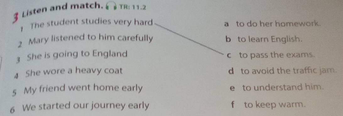 Listen and match. TR: 11.2
1 The student studies very hard a to do her homework.
2 Mary listened to him carefully b to learn English.
3 She is going to England c to pass the exams.
4 She wore a heavy coat d to avoid the traffic jam.
5 My friend went home early e to understand him.
6 We started our journey early f to keep warm.