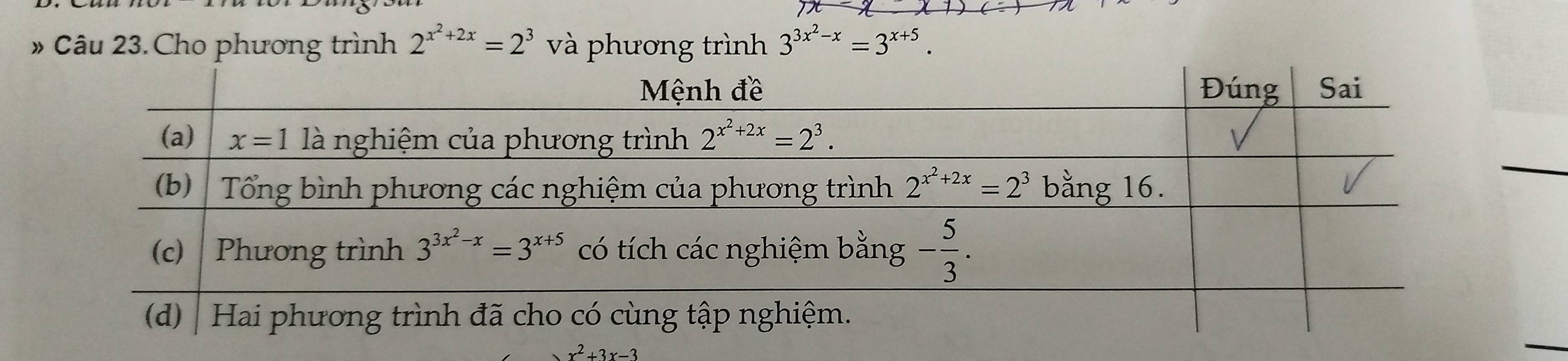 » Câu 23. Cho phương trình 2^(x^2)+2x=2^3 và phương trình 3^(3x^2)-x=3^(x+5).
x^2+3x-3