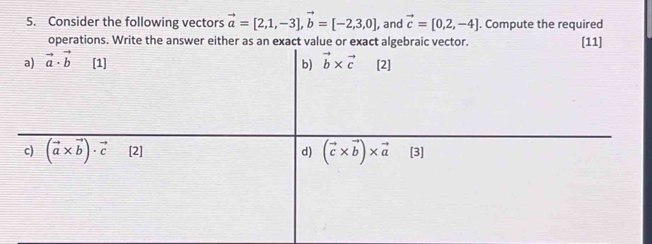 Consider the following vectors vector a=[2,1,-3],vector b=[-2,3,0] , and vector c=[0,2,-4]. Compute the required
operations. Write the answer either as an exact value or exact a