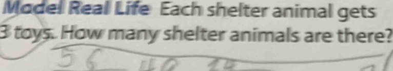 Model Real Life Each shelter animal gets
3 toys. How many shelter animals are there?