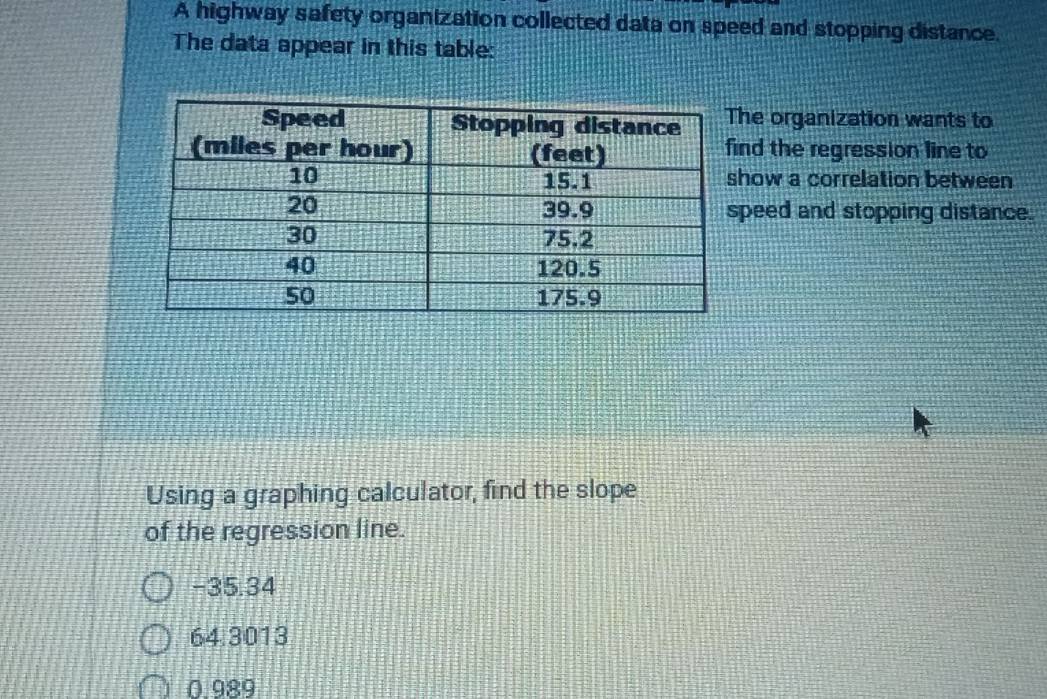 A highway safety organization collected data on speed and stopping distance.
The data appear in this table:
e organization wants to
d the regression line to
how a correlation between
peed and stopping distance.
Using a graphing calculator, find the slope
of the regression line.
−35.34
64.3013
0.989