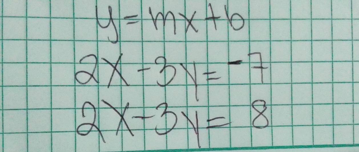 y=mx+b
2x-3y=-7
2x-3y=8