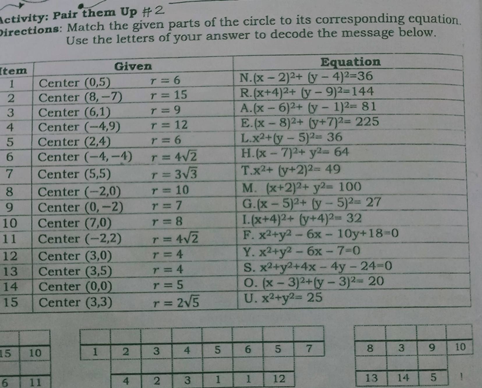 Activity: Pair them Up #2
Directions: Match the given parts of the circle to its corresponding equation.
Use the letters of your answer to decode the message below.
Ite
1
2
3
4
5
6
7
8
9
10
11
12
13
14
15
1