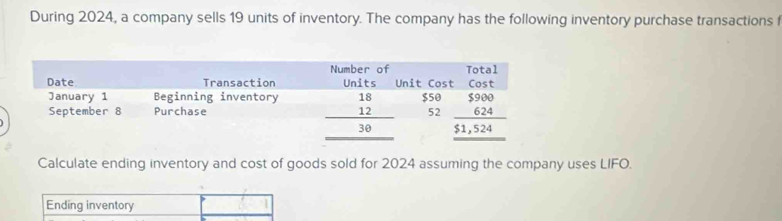 During 2024, a company sells 19 units of inventory. The company has the following inventory purchase transactions f
Calculate ending inventory and cost of goods sold for 2024 assuming the company uses LIFO.
Ending inventory
Y