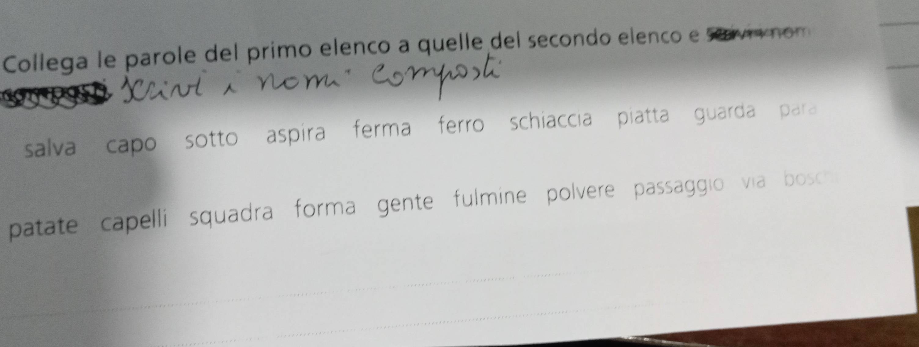 Collega le parole del primo elenco a quelle del secondo elenco e saívi nom 
salva capo sotto aspira ferma ferro schiaccia piatta guarda para 
patate capelli squadra forma gente fulmine polvere passaggio via bosch