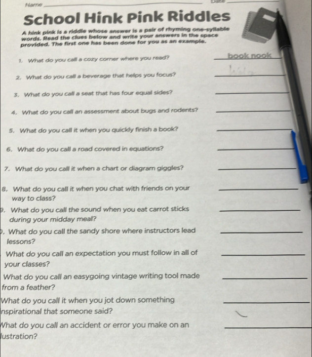 Solved: Name _Date_ School Hink Pink Riddles A hink pink is a riddle whose answer is a pair of r ...