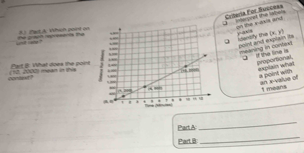 Criteria For Success
J Interpret the labels
on the x-axis and
5.) Part.A: Which point on
the graph represents the
point and explain its
whit cate ? 
O identify the y-axis (x,y)
meaning in context
If the line is
Part B: What does the point
proportional,
(10, 2000) mean in this 
explain what
a point with
contaxt? 
an x-value of
1 means
Part A:
_
Part B:
_