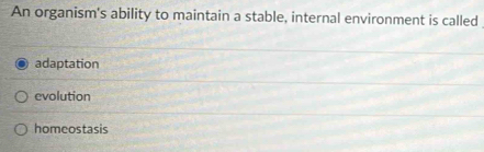 An organism's ability to maintain a stable, internal environment is called
adaptation
evolution
homeostasis