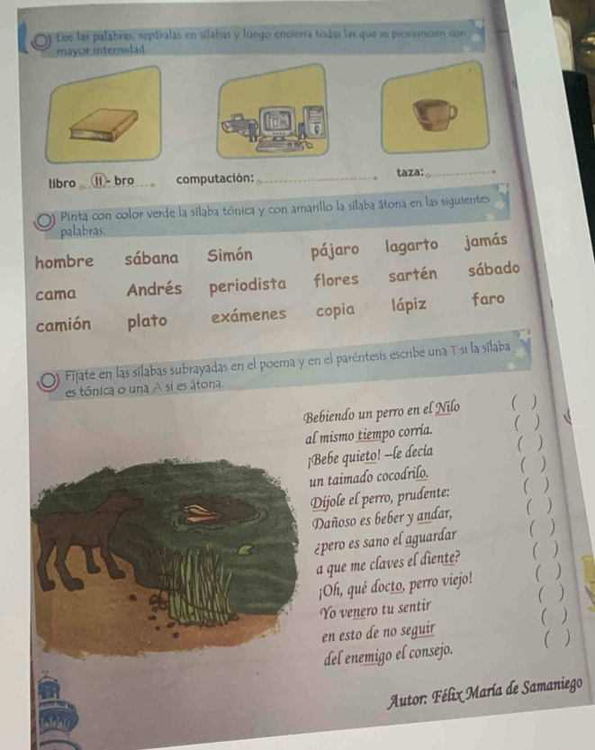 Lee las palabras, sepáralas en silabas y luego encierra todas las que se pronuncien con
mayor intensidad
libro li - bro computación: _taza:_
Pinta con color verde la sílaba tónica y con amarillo la sílaba átona en las siguientes
palabras.
hombre sábana Simón pájaro lagarto jamás
cama Andrés periodista flores sartén sábado
camión plato exámenes copia lápiz faro
Fijate en las sílabas subrayadas en el poema y en el parêntesis escribe una T sí la sílaba
es tónica o una A si es átona.
Bebiendo un perro en el Nilo 
al mismo tiempo corría.  )
Bebe quieto! -le decía
)
un taimado cocodrilo.  
Dijole el perro, prudente:  
Dañoso es beber y andar,  )
¿pero es sano el aguardar  )
a que me claves el diente?  )
¡Oh, qué docto, perro viejo!  )
)
Yo venero tu sentir
 )
en esto de no seguir
del enemigo el consejo.  )
Autor: Félix María de Samaniego