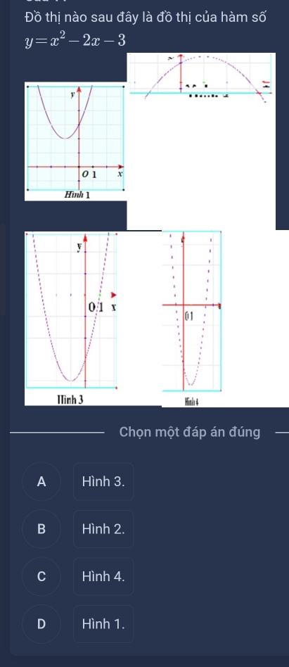 Đồ thị nào sau đây là đồ thị của hàm số
y=x^2-2x-3
~
:


Chọn một đáp án đúng
A Hình 3.
B Hình 2.
C Hình 4.
D Hình 1.