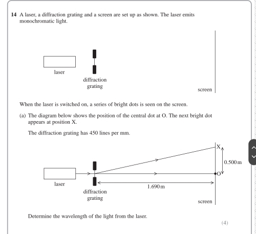 Solved: A laser, a diffraction grating and a screen are set up as shown ...
