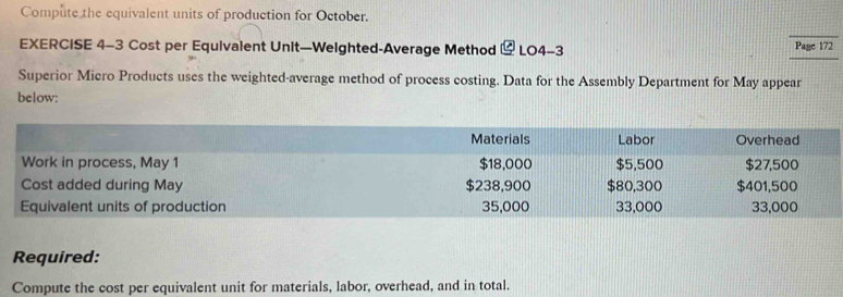 Compute the equivalent units of production for October. 
EXERCISE 4-3 Cost per Equivaient Unit—Weighted-Average Method LO4-3 Page 172 
Superior Micro Products uses the weighted-average method of process costing. Data for the Assembly Department for May appear 
below: 
Required: 
Compute the cost per equivalent unit for materials, labor, overhead, and in total.