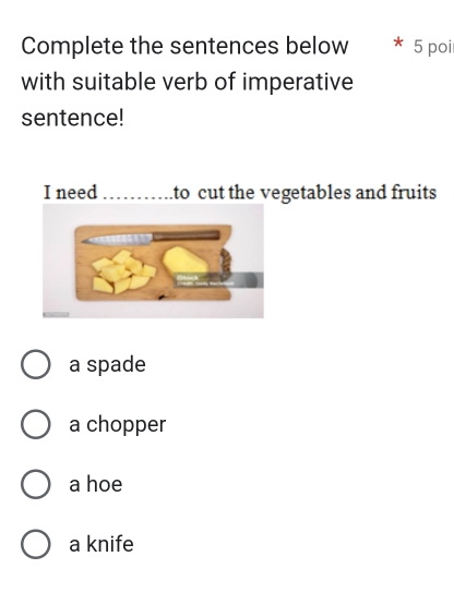 Complete the sentences below 5 poi
with suitable verb of imperative
sentence!
I need _to cut the vegetables and fruits
a spade
a chopper
a hoe
a knife