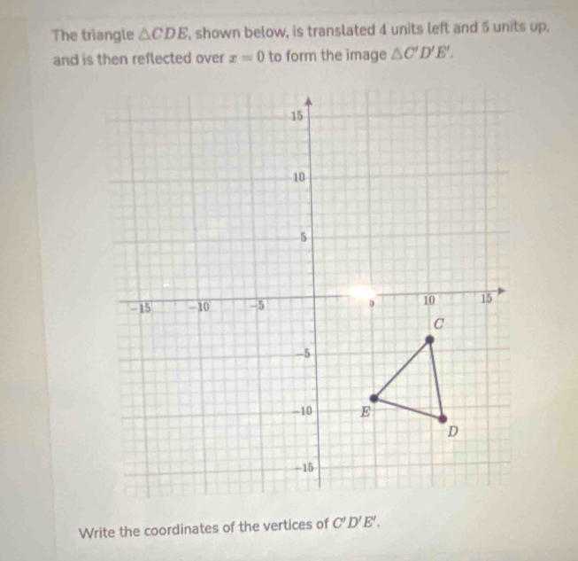 The triangle △ CDE , shown below, is translated 4 units left and 5 units up, 
and is then reflected over x=0 to form the image △ C'D'E'. 
Write the coordinates of the vertices of C'D'E'.