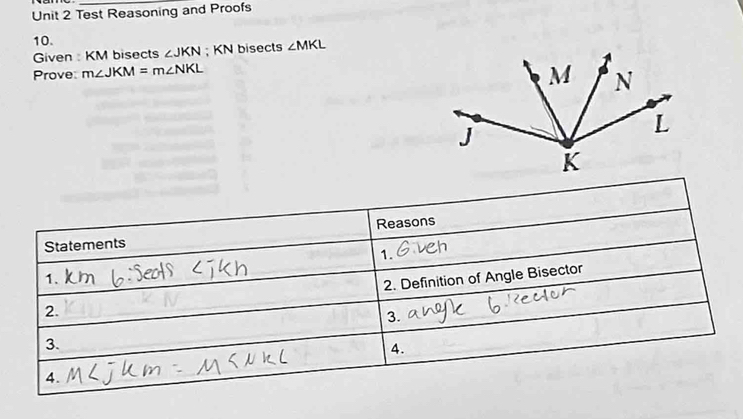 Test Reasoning and Proofs 
10. 
Given : KM bisects ∠ JKN; KN bisects ∠ MKL
Prove: m∠ JKM=m∠ NKL
Reasons 
Statements 
1. 
1. 
2. Definition of Angle Bisector 
2. 
3. 
3. 
4. 
4.