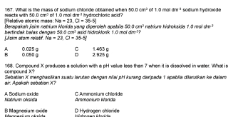 What is the mass of sodium chloride obtained when 50.0cm^2 of 1.0moldm^(-1) sodium hydraxide
[Relative atomic mass: reacts with 50.0cm^3 of 1.0moldm^3 hydrochloric acid?
Na=23,Cl=35-5]
Berapakah Jísim natrum korda vang diperoleh apabila 50.0cm^3 natrium hidroksida 1.0 mol dπ^3
fisim atom relatif. Na=23.CJ=35-5 bertindak baías dengan 50.0cm^3 asid hidroklonk 1.0 mol dm 39
A 0.025 g C 2.925 g
B 0.050 g 1.463ρ
compound X? 168. Compound X produces a solution with a pH value less than 7 when it is dissolved in water. What is
air. Apakah sebatian X? Sebatian X menghasilkan suatu larutan dangan nilai pH kurang daripada 1 apabila dilarutkan ke dalam
Natrium oksida A Sodium axide Ammonium Marde C Ammanium chloride
B Magnesium cxide D Hydrogen chloride