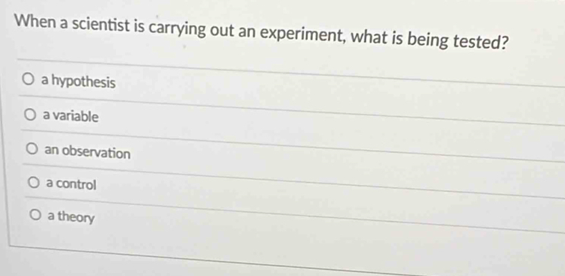 When a scientist is carrying out an experiment, what is being tested?
a hypothesis
a variable
an observation
a control
a theory