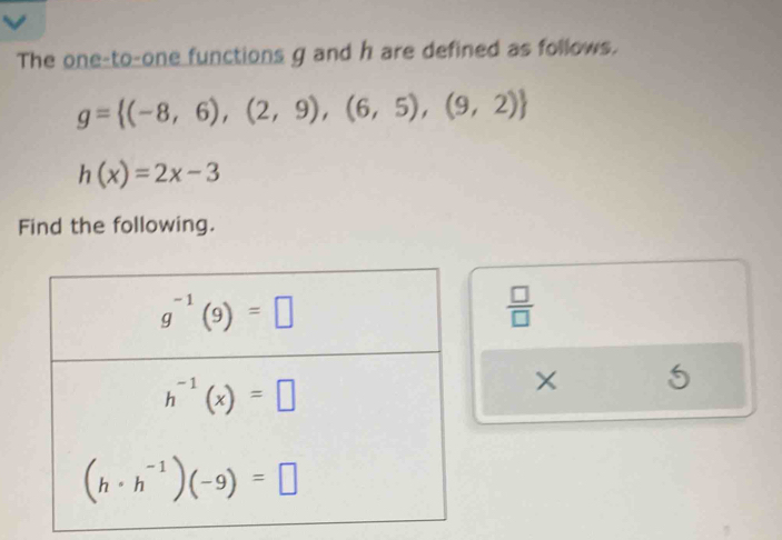 The one-to-one functions g and h are defined as follows.
g= (-8,6),(2,9),(6,5),(9,2)
h(x)=2x-3
Find the following.
 □ /□  
5