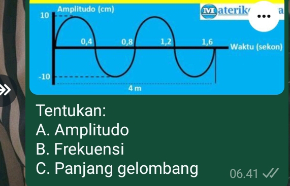 Tentukan:
A. Amplitudo
B. Frekuensi
C. Panjang gelombang 06.41