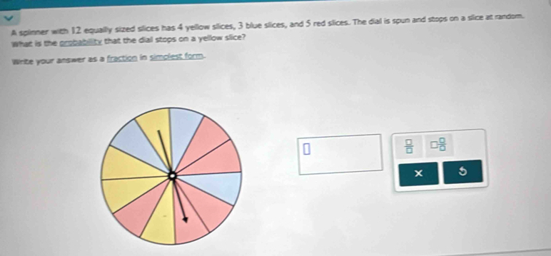 A spinner with 12 equally sized silices has 4 yellow siices, 3 blue slices, and 5 red slices. The dial is spun and stops on a slice at random. 
What is the probabillity that the dial stops on a yellow slice? 
Write your answer as a fraction in simolest form.
 □ /□   □  □ /□  
5