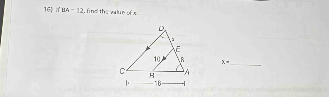 If BA=12 , find the value of x.
X= _